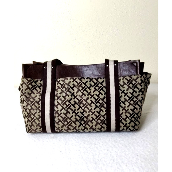 Tommy Hilfiger Womens Handbag Purse Tan Brown Letter Pattern Leather Accents - Picture 5 of 13